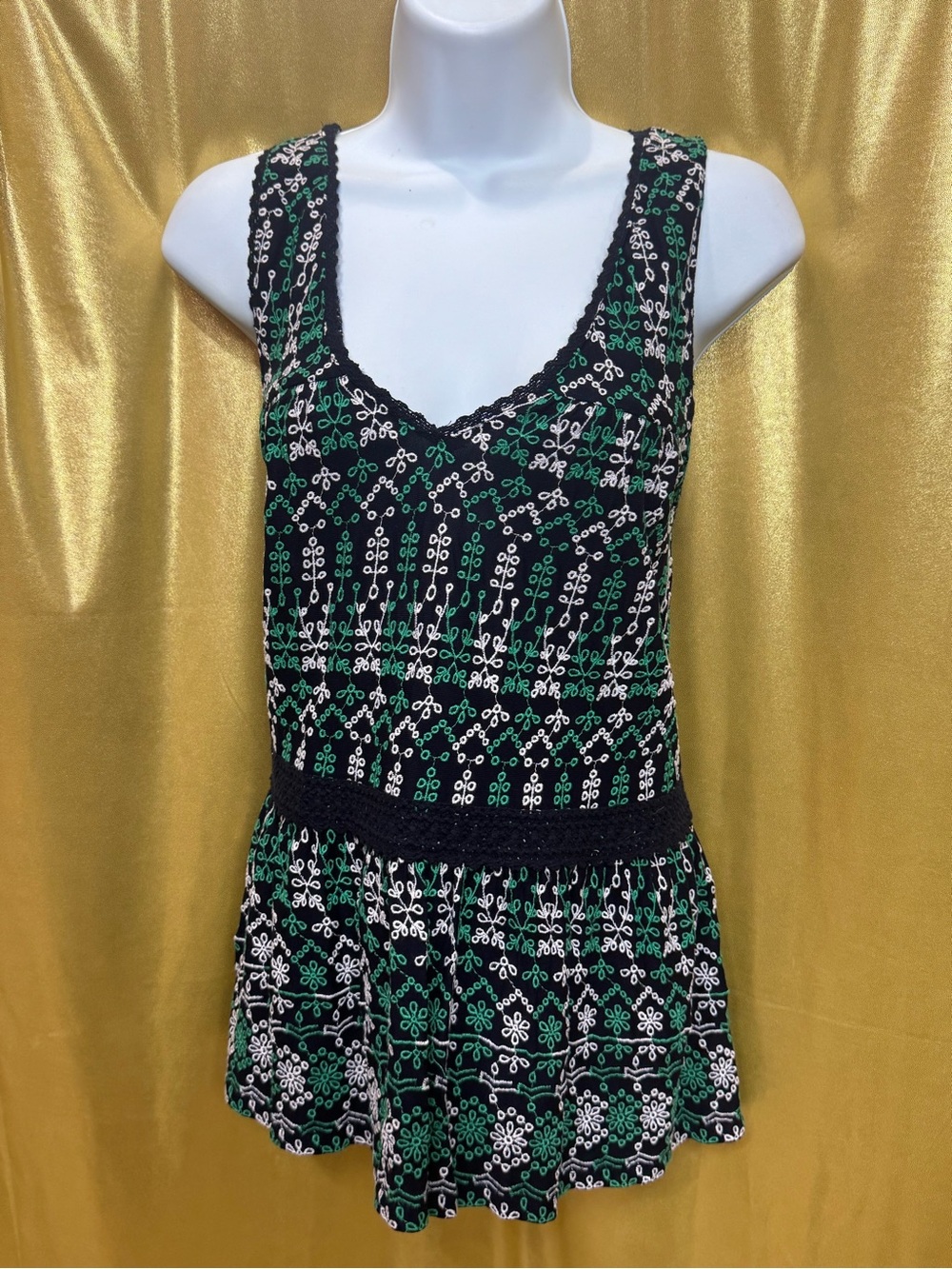 Anthropologie Maeve Cammie Embroidered Peplum Tank Top Size L Boho Green